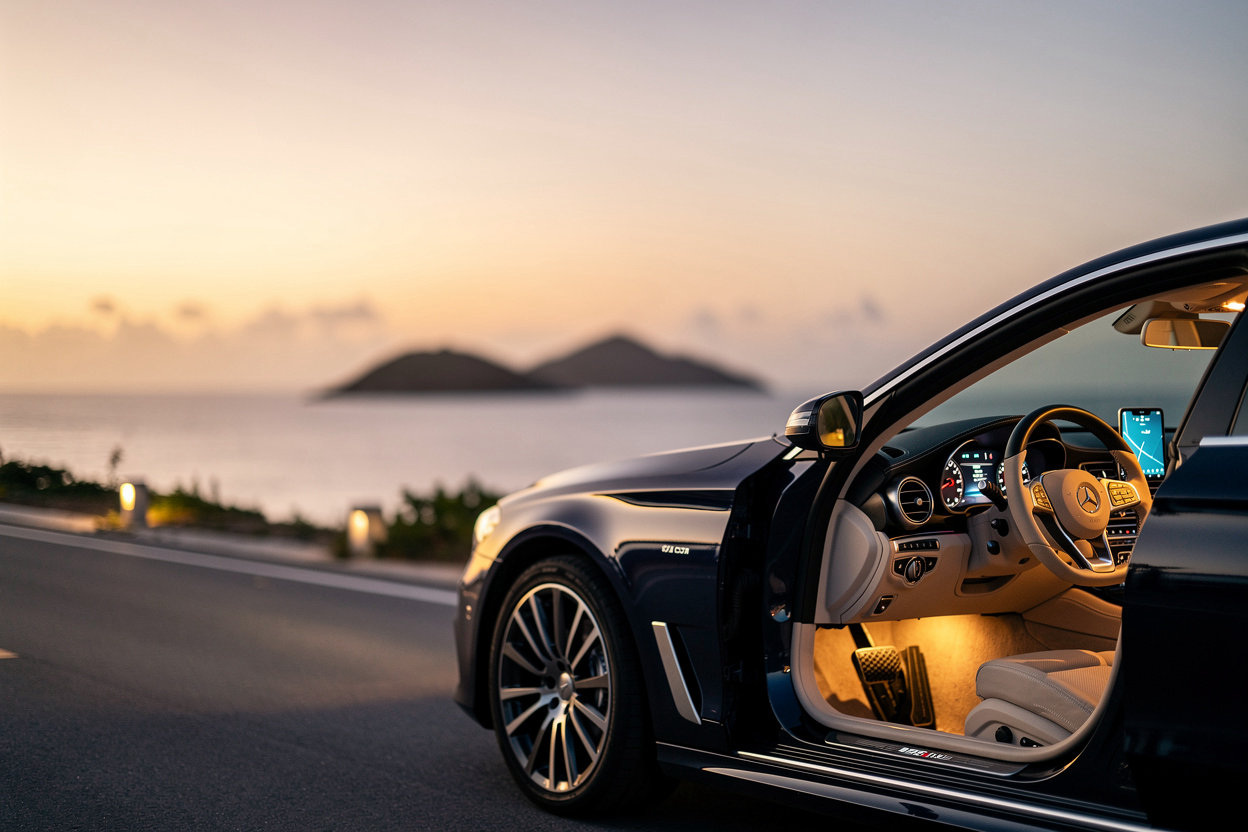 All VIP St. Lucia car at dusk on a Caribbean coastal road, ready for taxi and airport transfer service in Saint Lucia