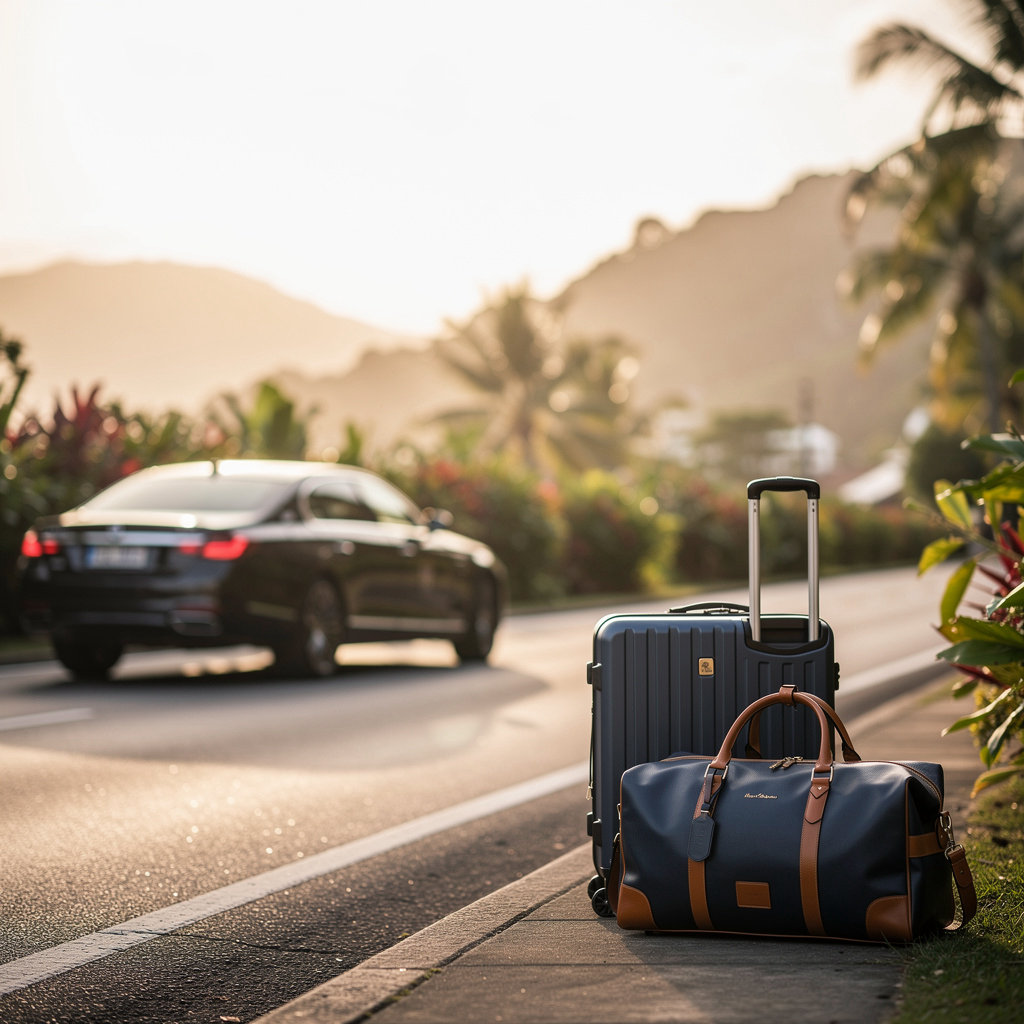 All VIP St. Lucia traveler's bag and car on a quiet morning road in Saint Lucia, ready for a taxi transfer