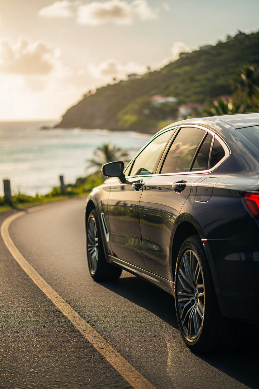 All VIP St. Lucia clean private car on a Caribbean coastal road in Rodney Bay, Saint Lucia, ready for airport transfers and island tours